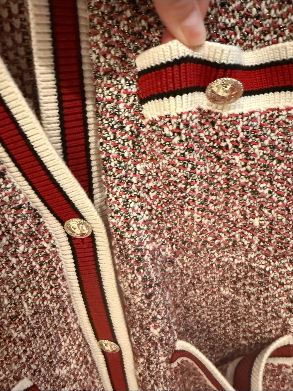 Medium Maje Red and White Bouclé Knit Cardigan - Picture 3 of 3